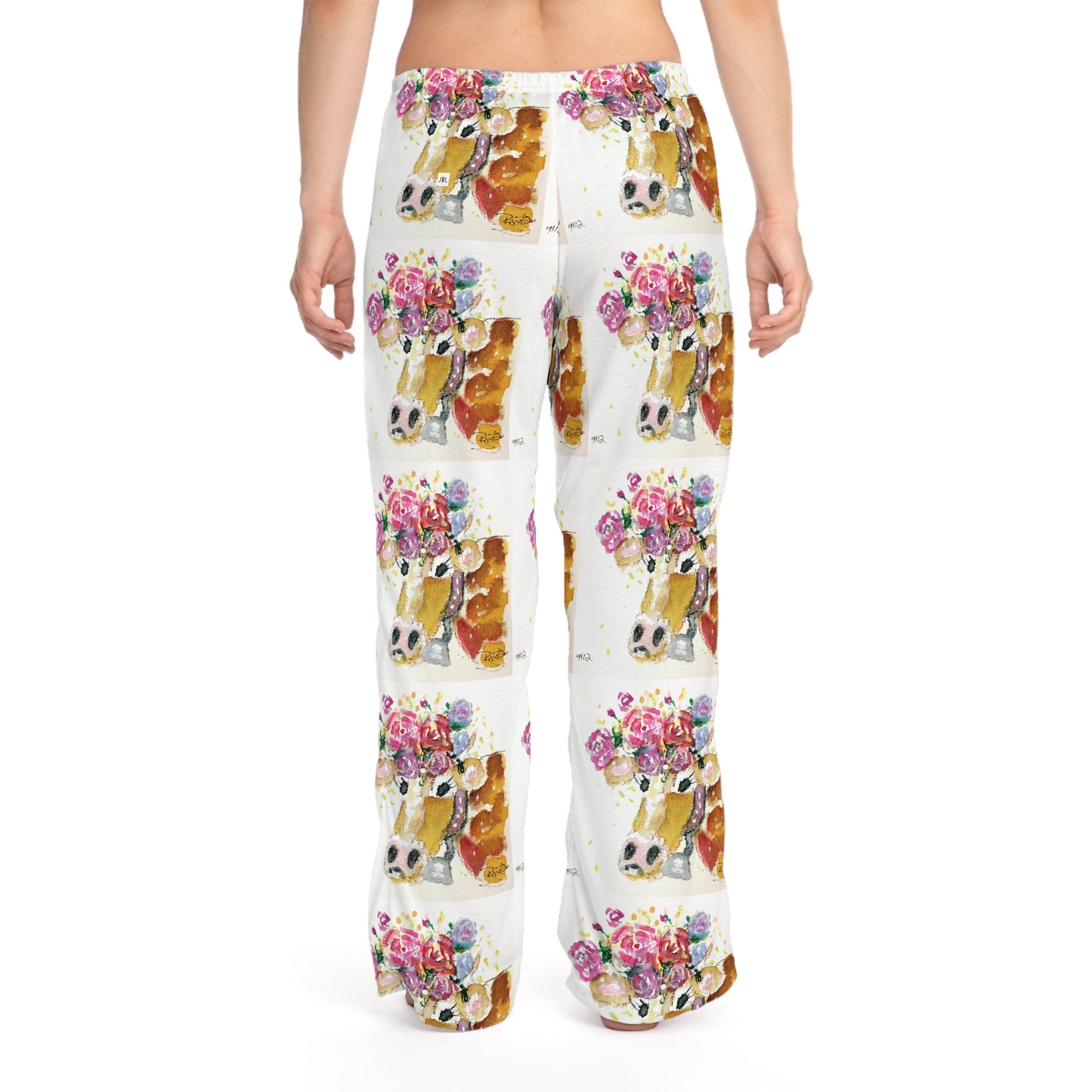 Pajama Pants - Adorable Cow with Flowers on its Head- Women's Pajama Pants