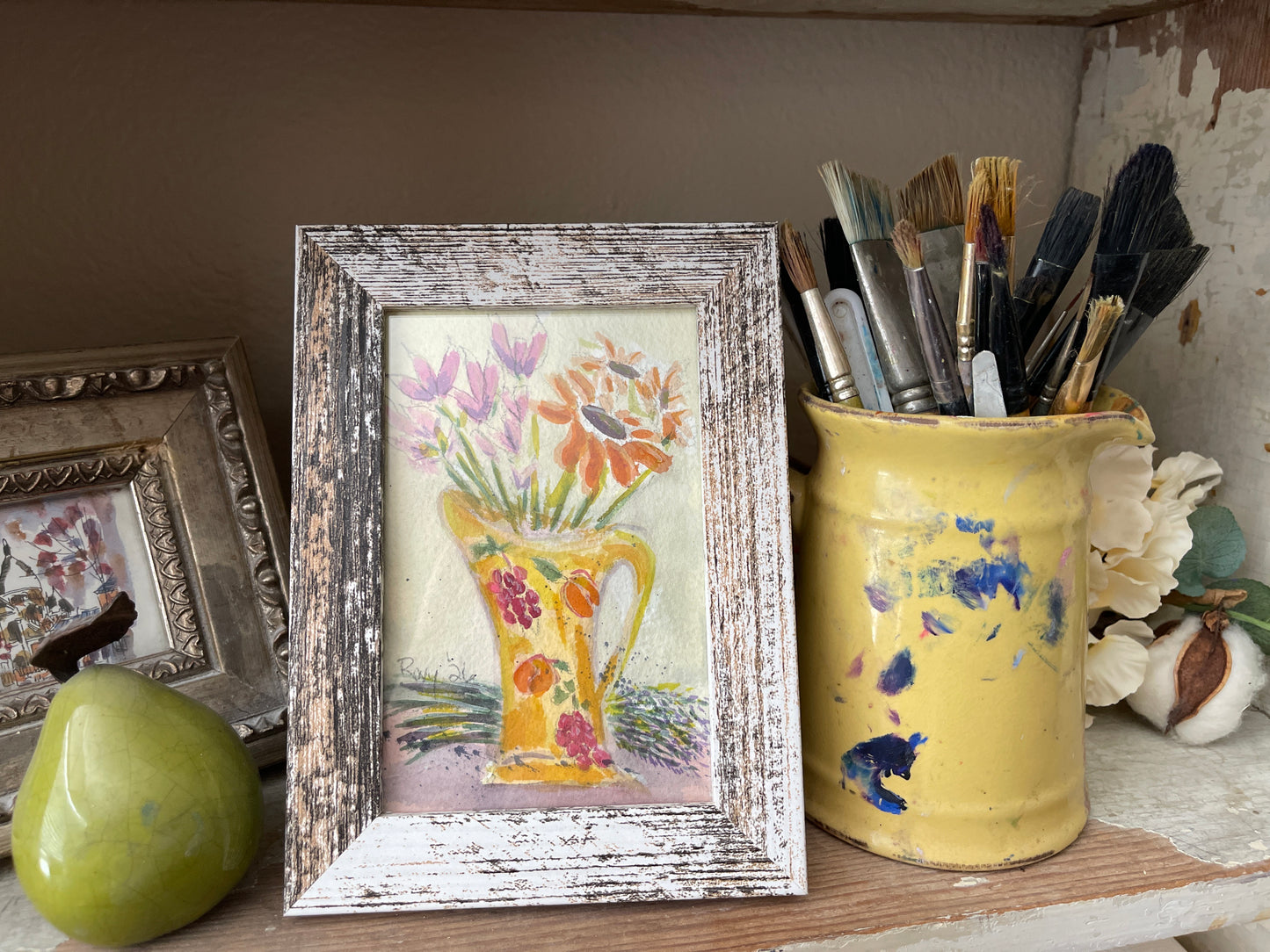 Flowers on my Patio-Original Watercolor Painting 4x6 Framed