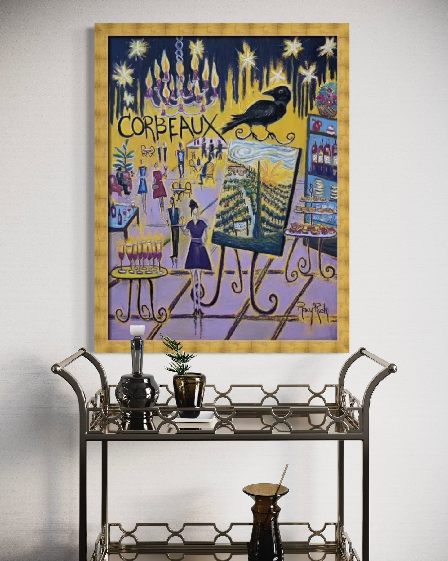 Corbeaux Wine and Art After Dark-Original Oil Pastel Painting Framed