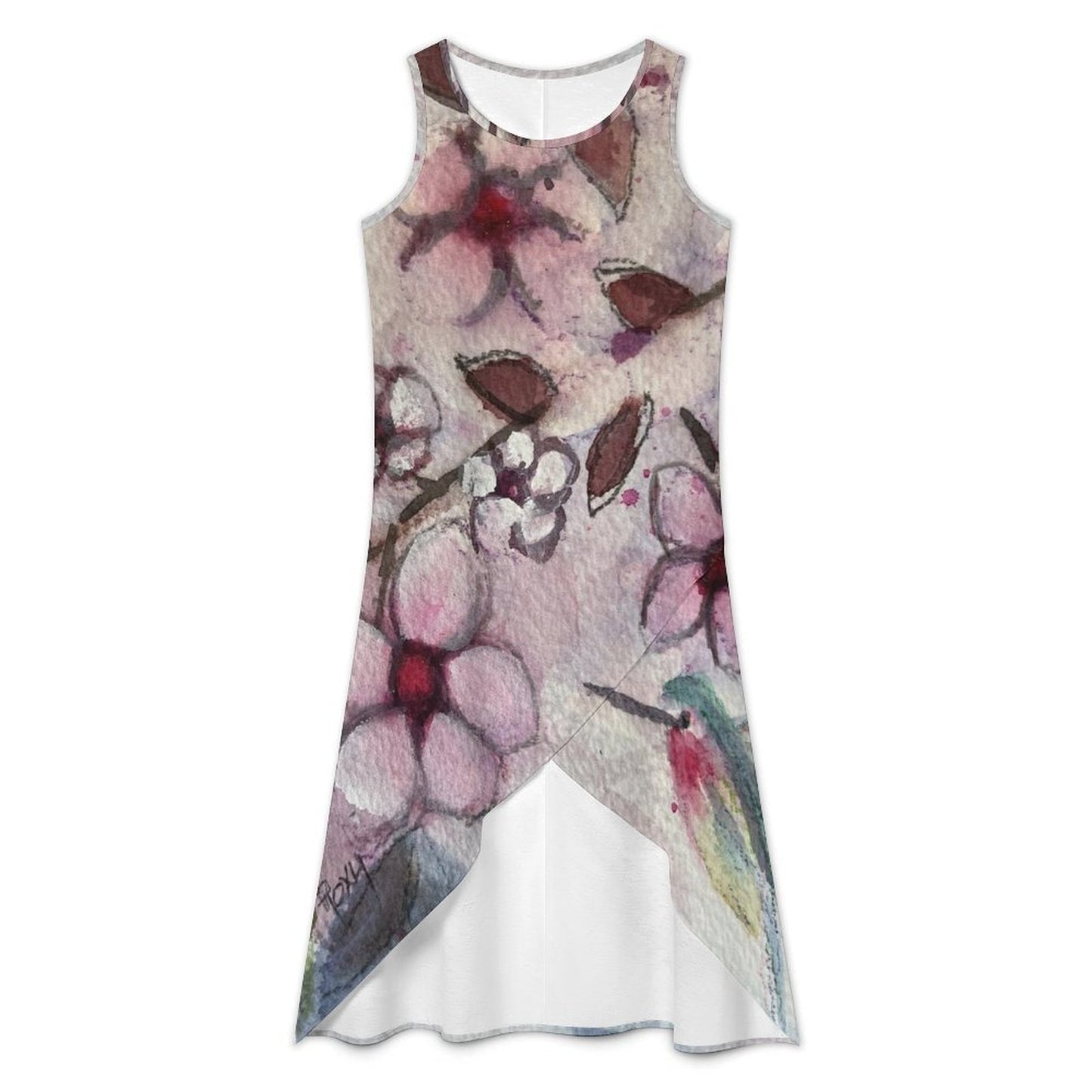 Hummingbird in Cherry Blossoms Asymmetrical Dress Sleeveless High-Low Hem Dress