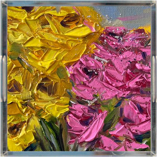 Roses roses et jaunes - Plateau acrylique carré