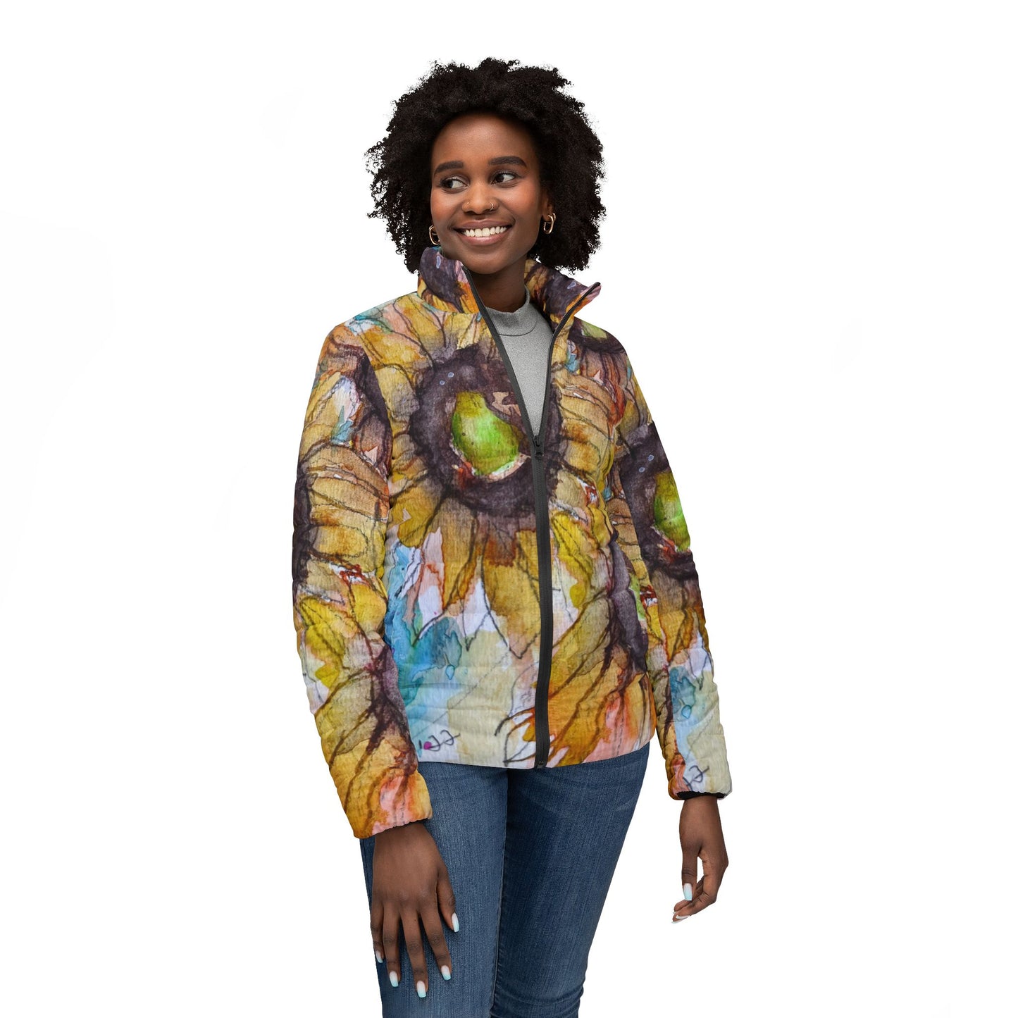Women's Puffer Jacket - Roxy Rich Fine Art -Sunflowers