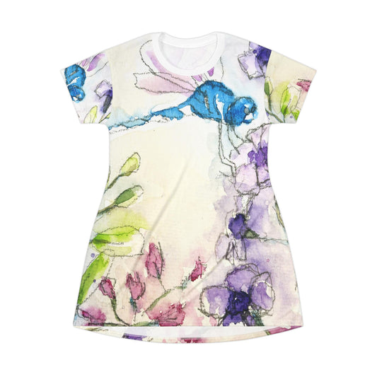 T-Shirt Dress -Blue Dragonfly in Purple Tube Flowers