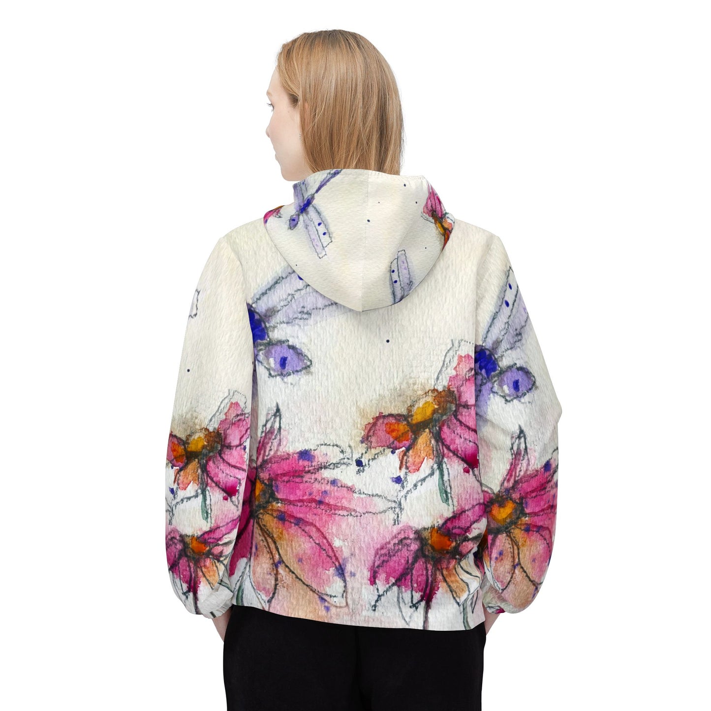 Lightweight Windbreaker Jacket — Purple Dragonfly with Pink Coneflowers