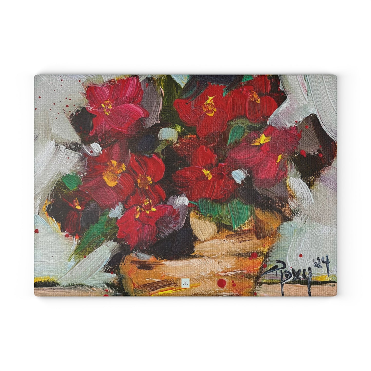 Wax Begonias in a Basket Glass Cutting Board