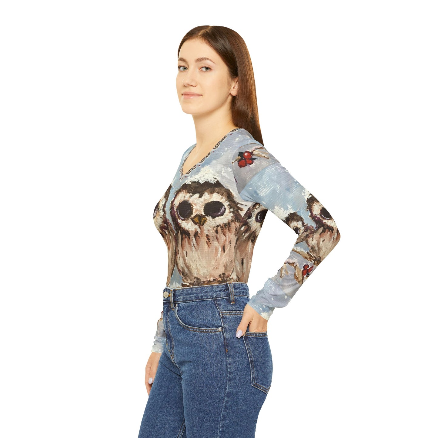 Long Sleeve Shirt-Adorable Snowy Owl Chicks- V-neck Women's