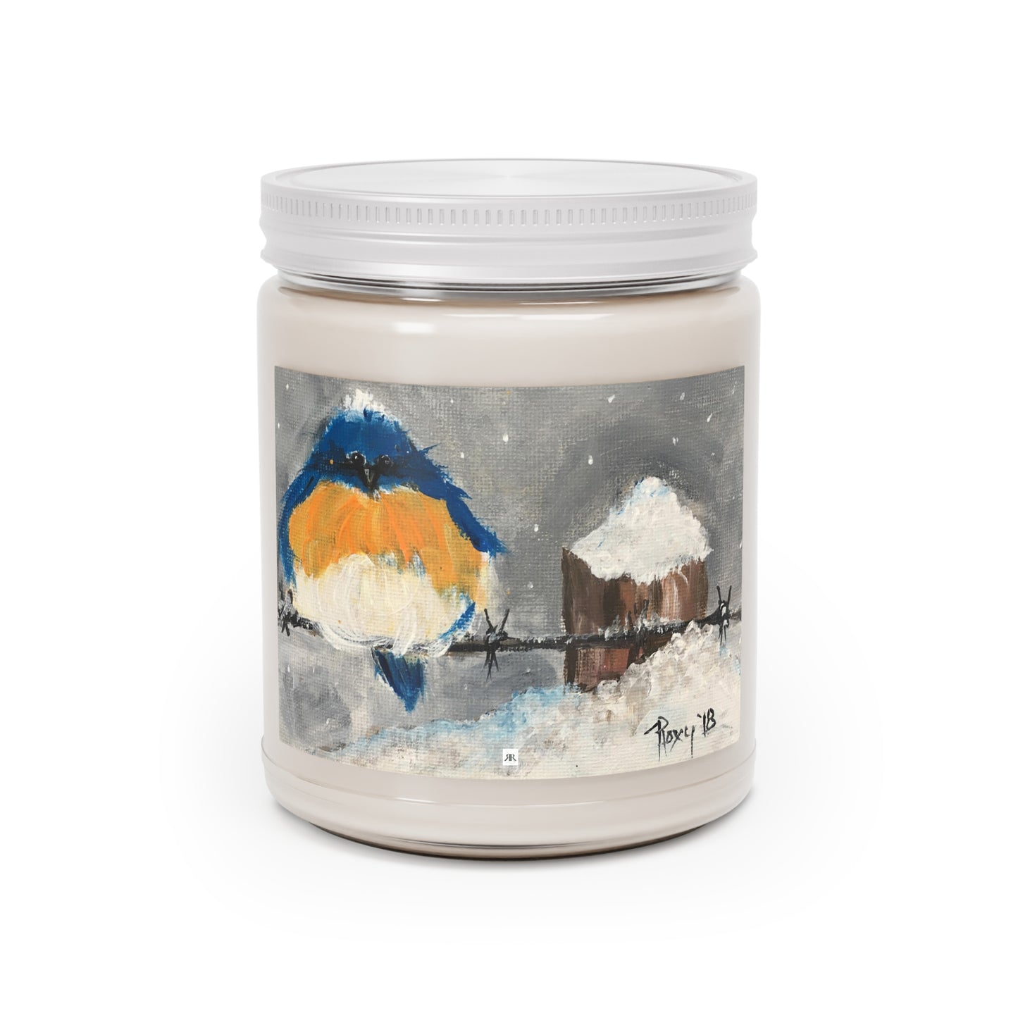 Scented Candle 9oz-Fluffy Fat Bluebird perched on Snowy Barbed Wire