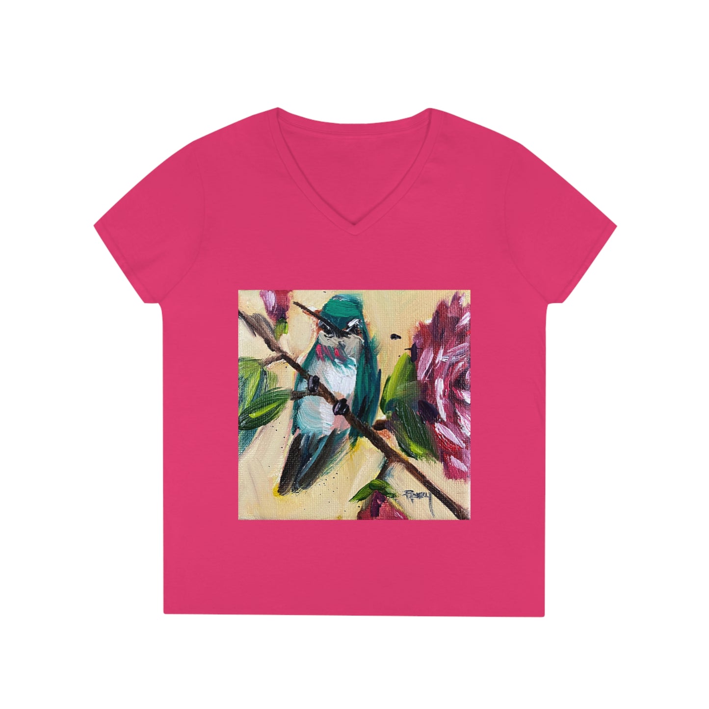Camiseta con cuello en V para mujer Colibrí en un rosal