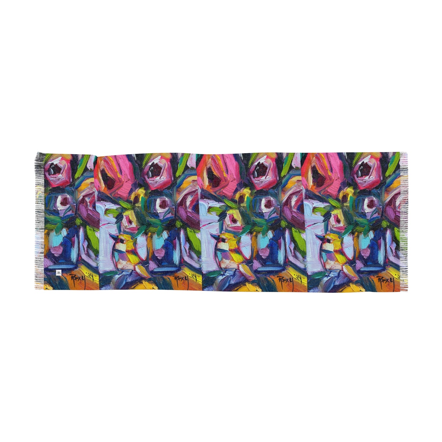 Colorful Scarf — Artistic Lightweight Neck Wrap- Roses and Tit Bird