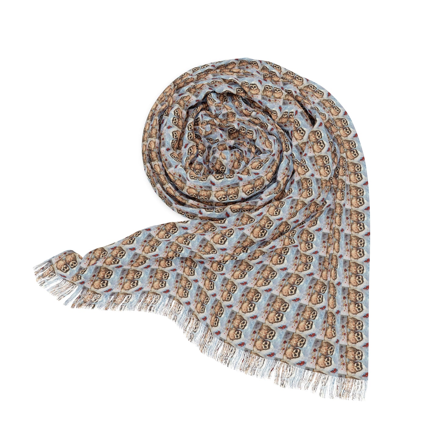 Colorful Scarf — Artistic Lightweight Neck Wrap- Adorable Baby Owls on a Berry Branch with Snow on their Heads