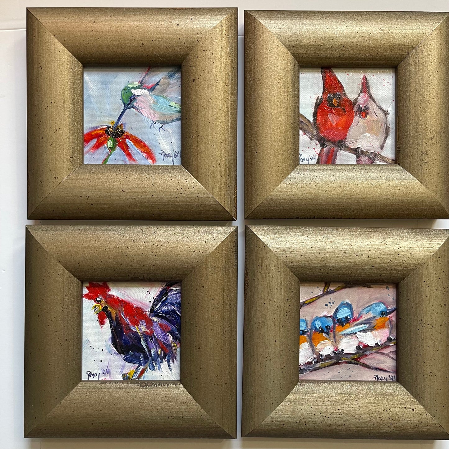 Cute Couple (Cardinals) Original Oil Painting 4x4 Framed