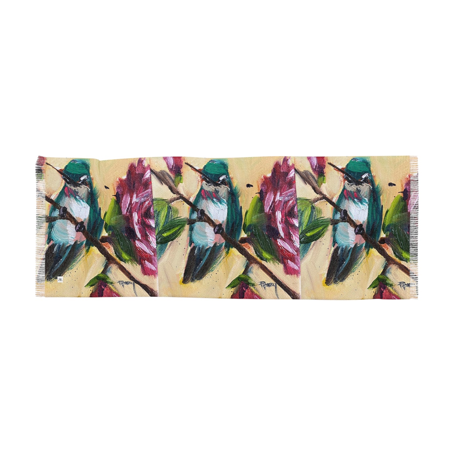 Colorful Scarf — Artistic Lightweight Neck Wrap- Hummingbird on a Rose Bush