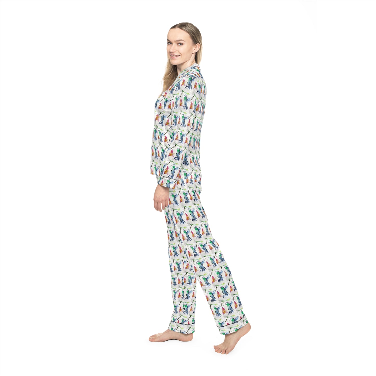 Satin Pajamas — Luxurious Silky Sleepwear Set-Floaty Blue Hummingbird