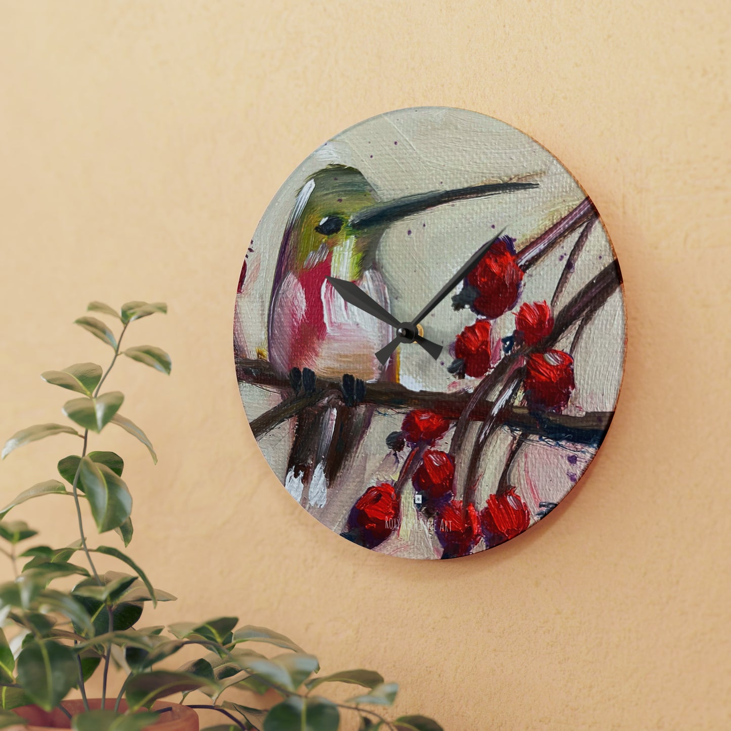 Hummingbird with Berries Acrylic Wall Clock