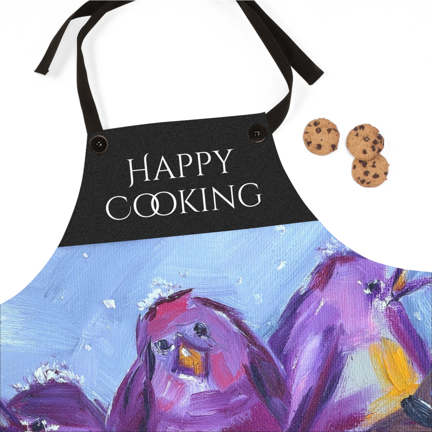 Apron-Three Whimsical Chirpy Birds on a Snowy Branch-"Happy Cooking"