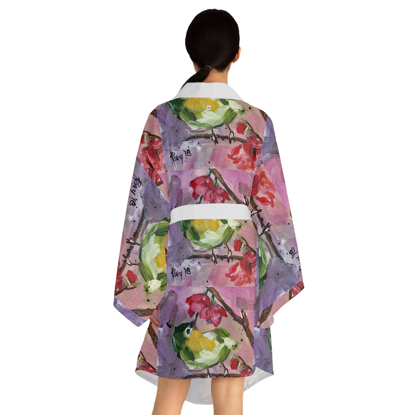 Kimono Robe -Japanese Warbler Bird in Cherry Blossoms