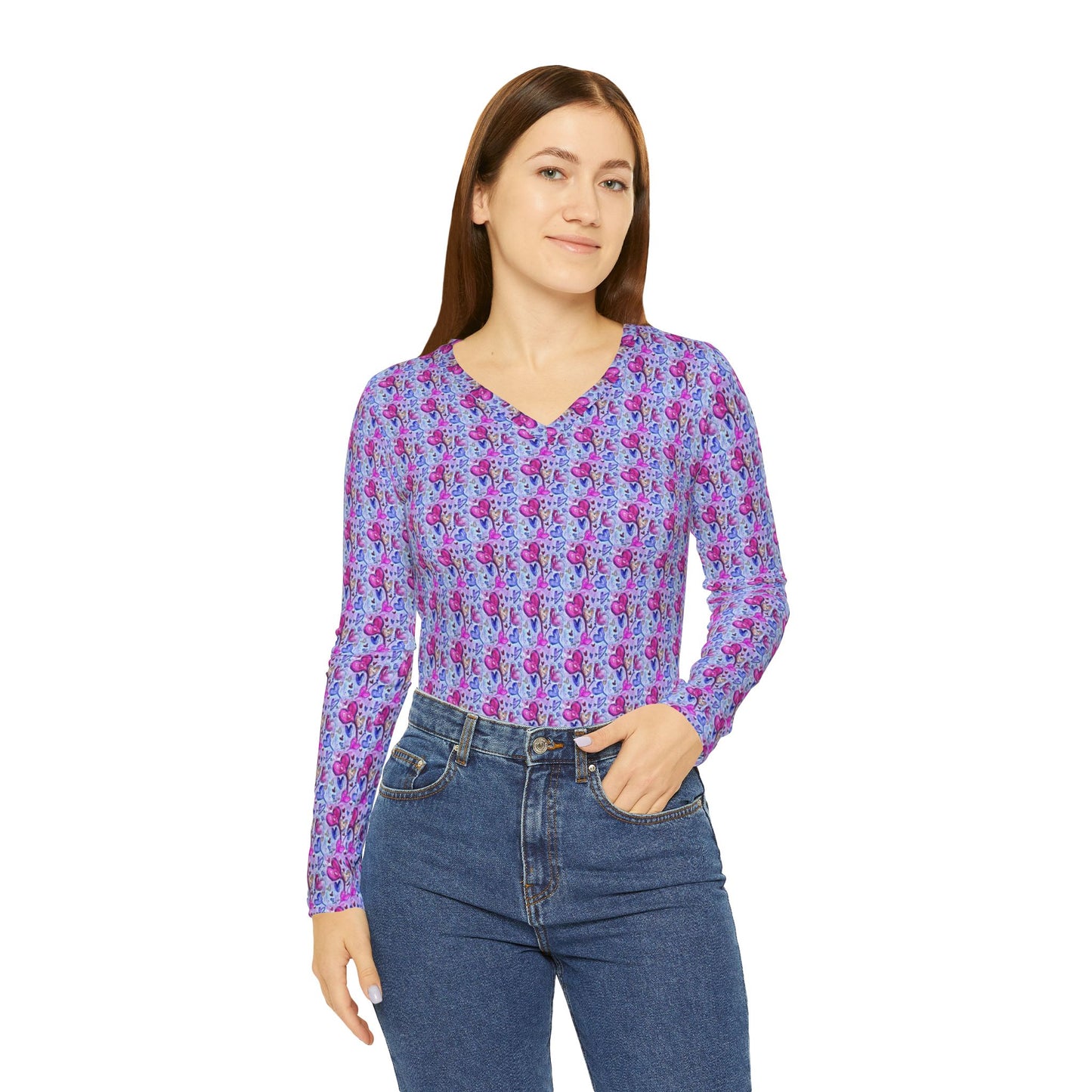 Women's Long Sleeve V-neck Shirt -Floating Hearts Parade