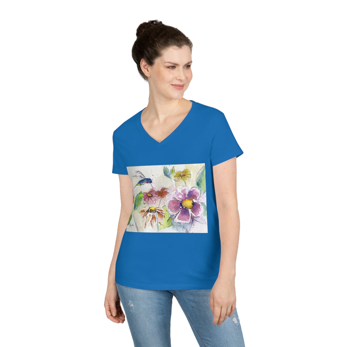 Camiseta con cuello en V para mujer Colibrí en el jardín de flores