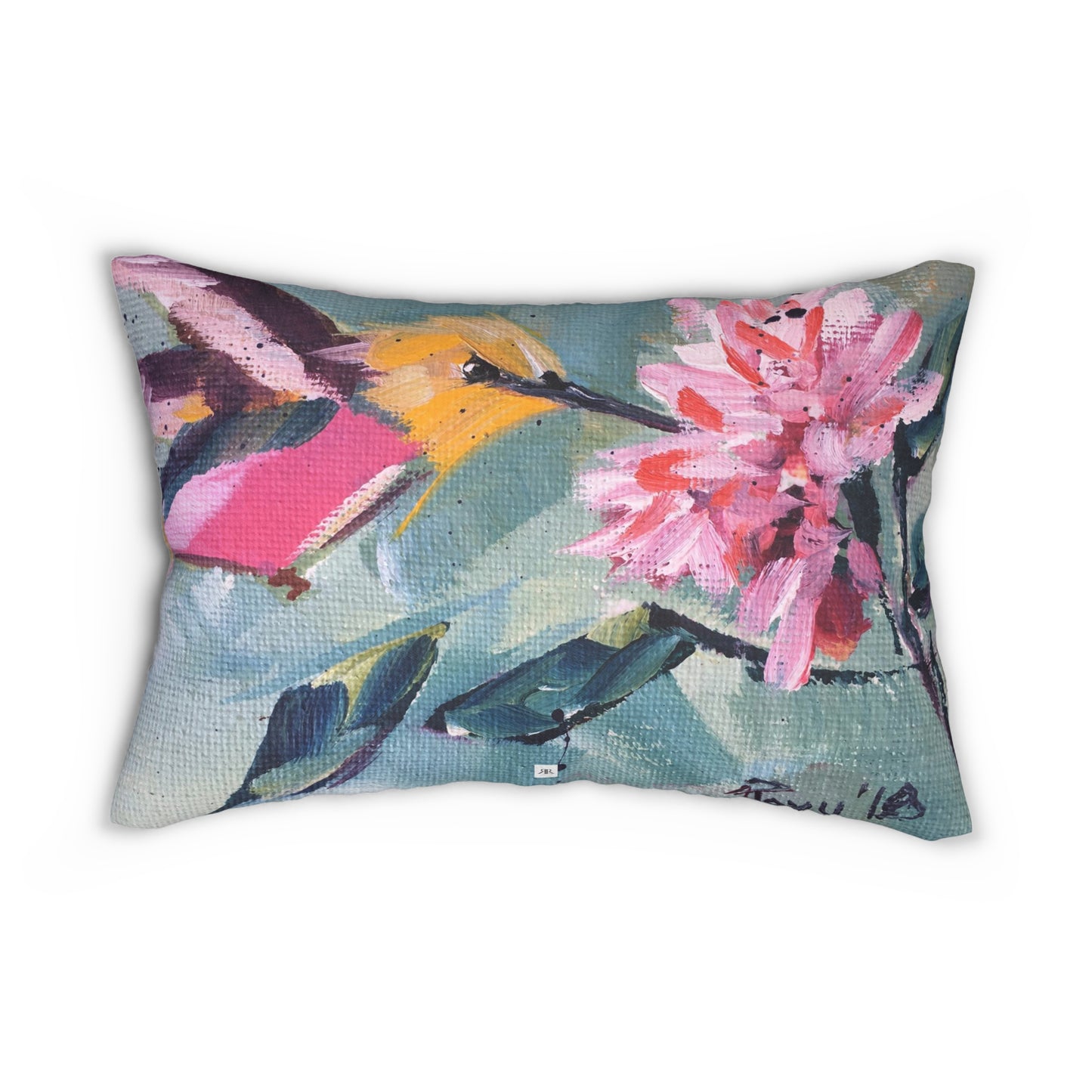 Pink Hummingbird with Pink Flower Lumbar Pillow