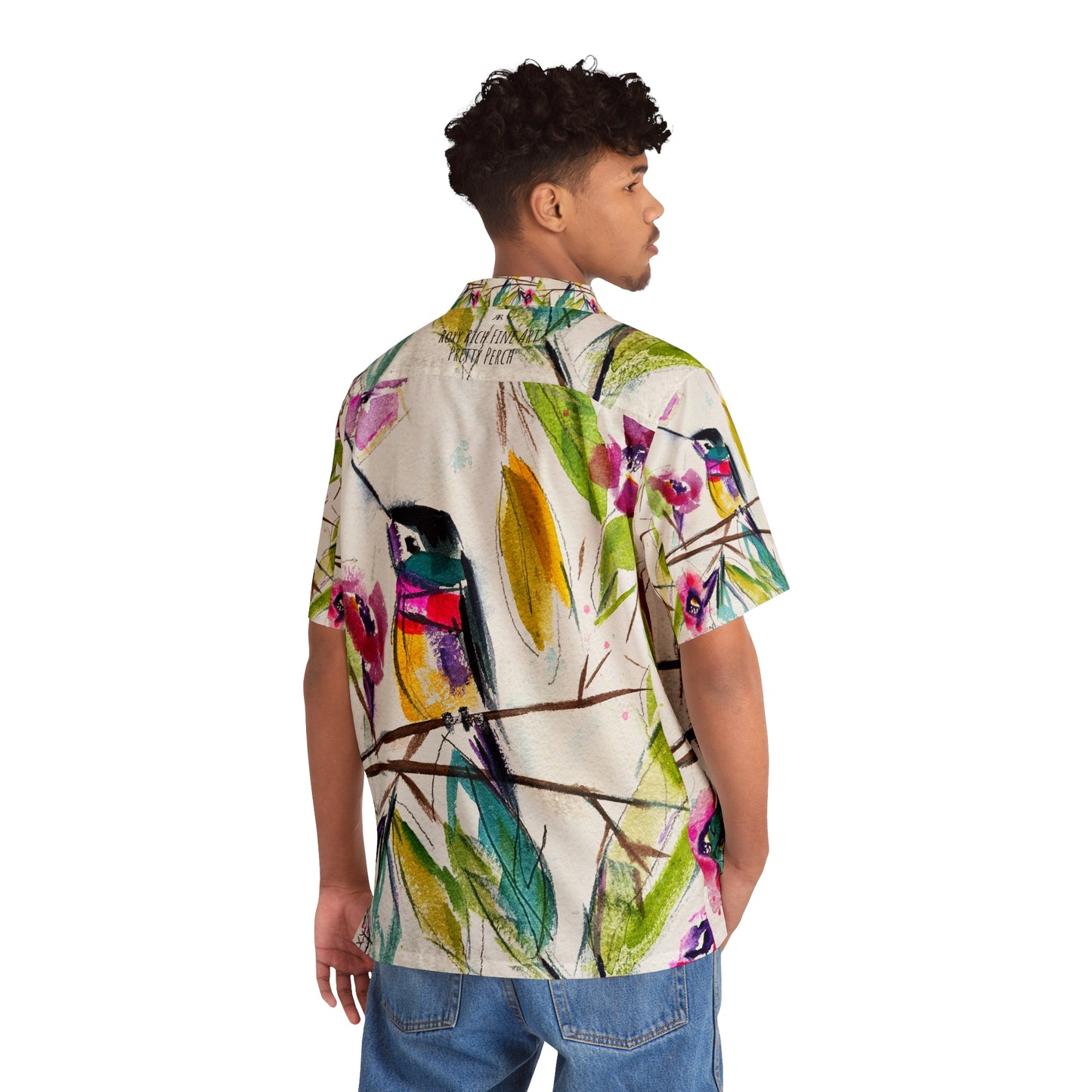 Pretty Perch Whimsical Hummingbird Men's Hawaiian Shirt