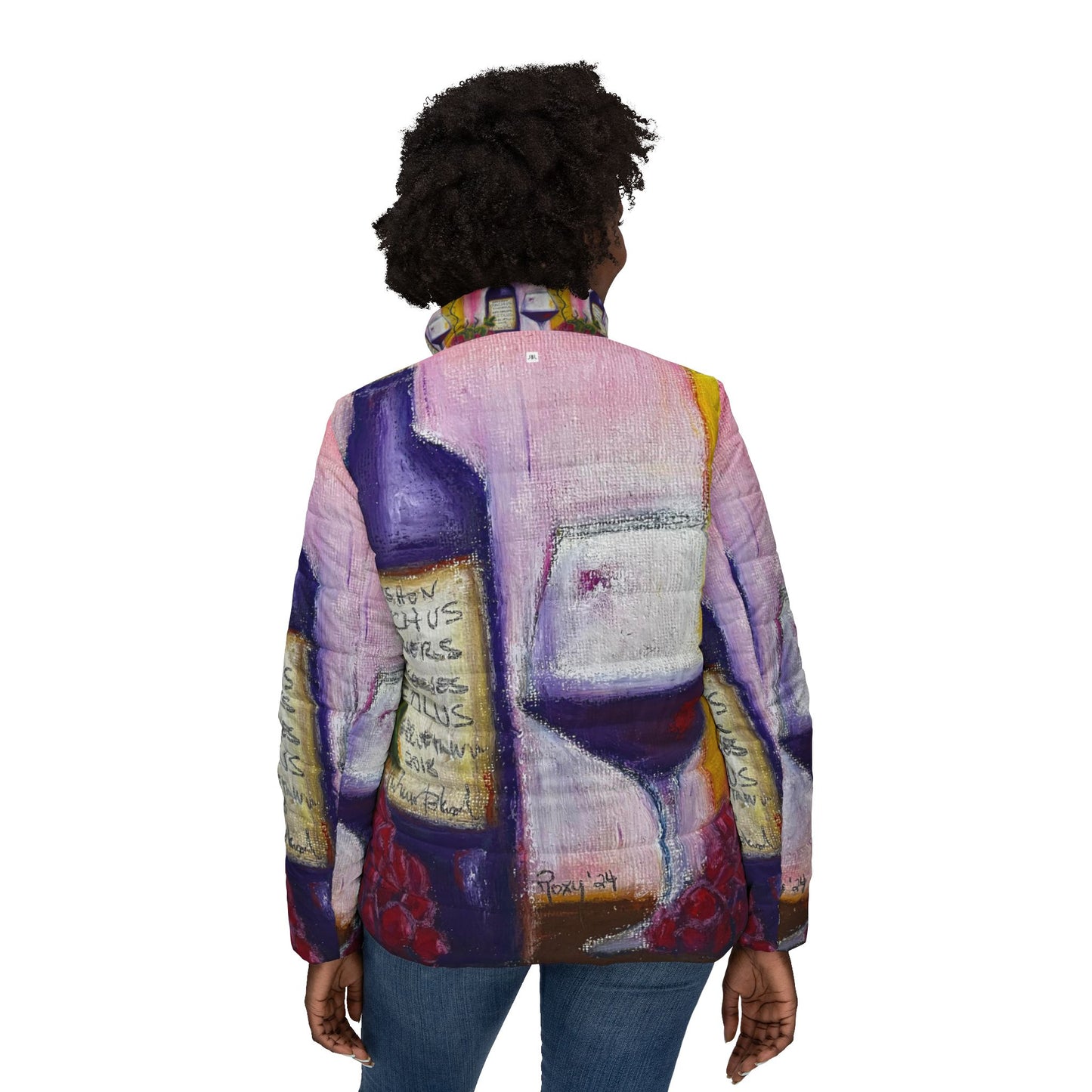 Women's Puffer Jacket - Roxy Rich Fine Art Design-Aeolus GBV Wine and Clique Glass