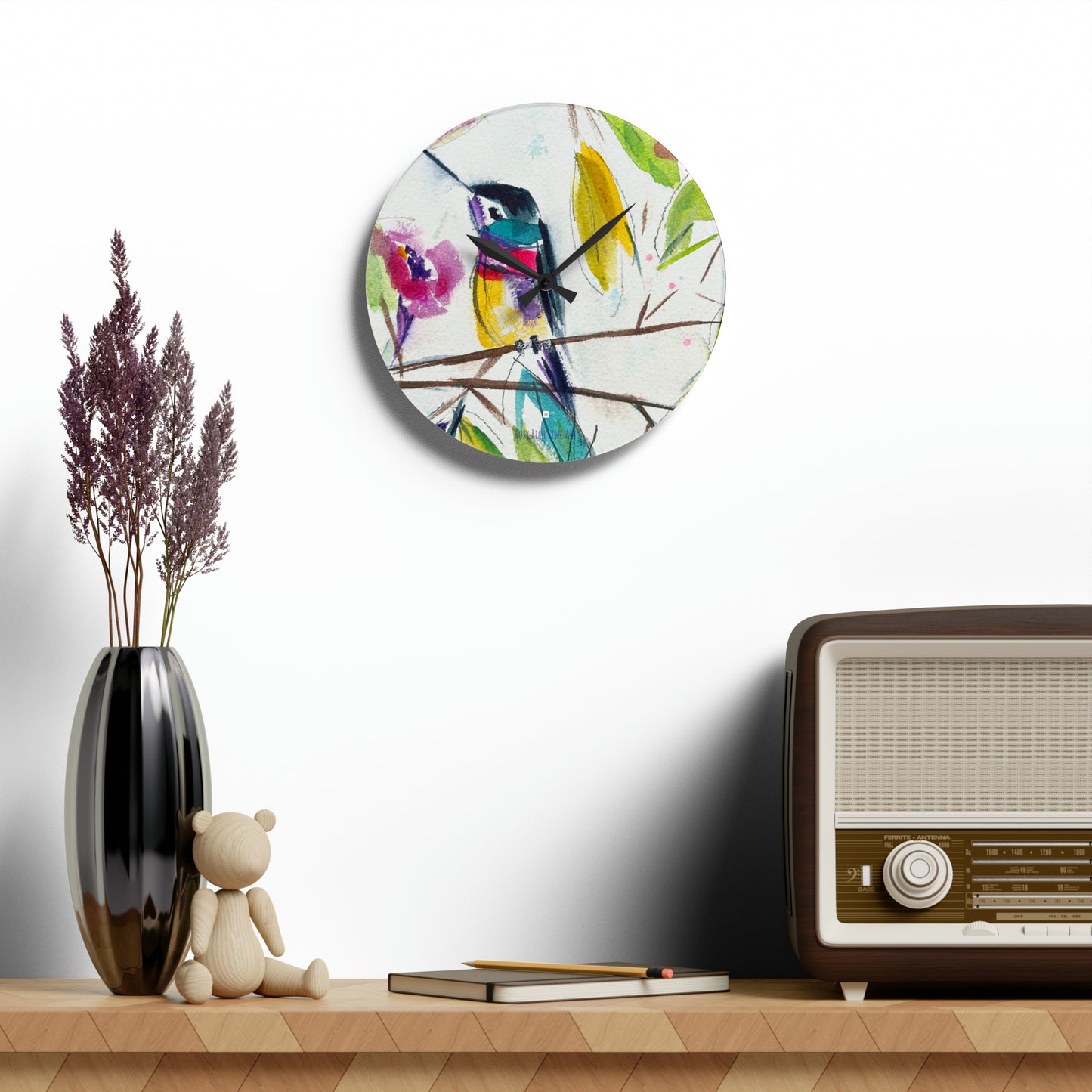 Hummingbird Perch Acrylic Wall Clock