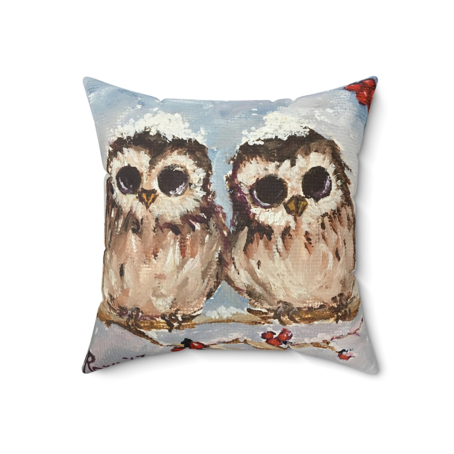 Adorable Owl Chicks with Snow on their Heads Indoor Spun Polyester Square Pillow