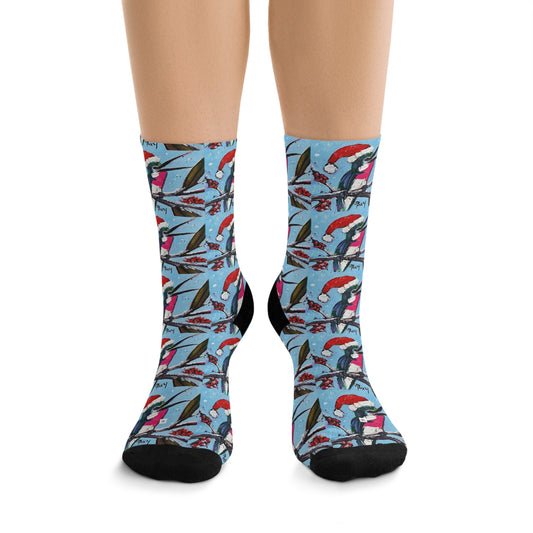 Merry and Bright Hummingbird with Santa Hat Socks Black Socks