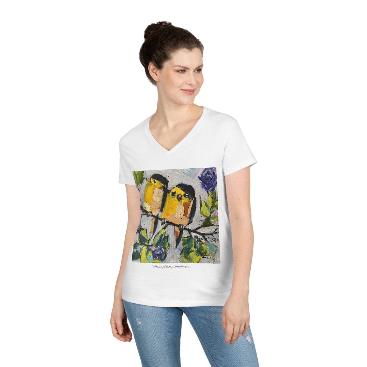 Morning Glory Goldfinches Ladies' V-Neck T-Shirt