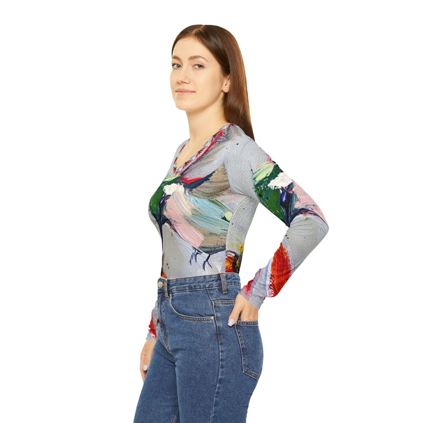 Long Sleeve Shirt- Hummingbird at a Coneflower- V-neck Women's