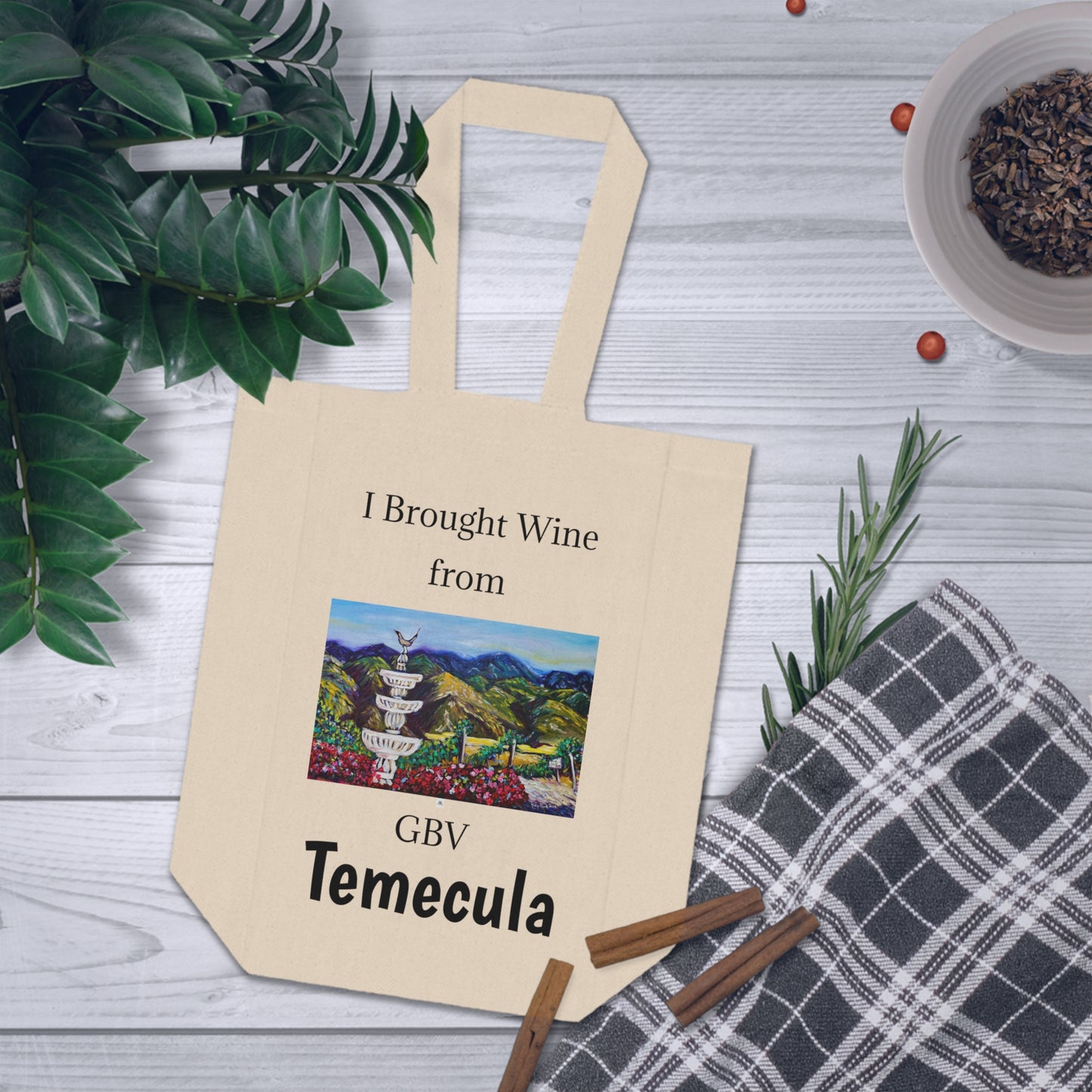 "I Brought Wine from GBV Temecula" Double Wine Tote Bag featuring Fountain Vista  painting