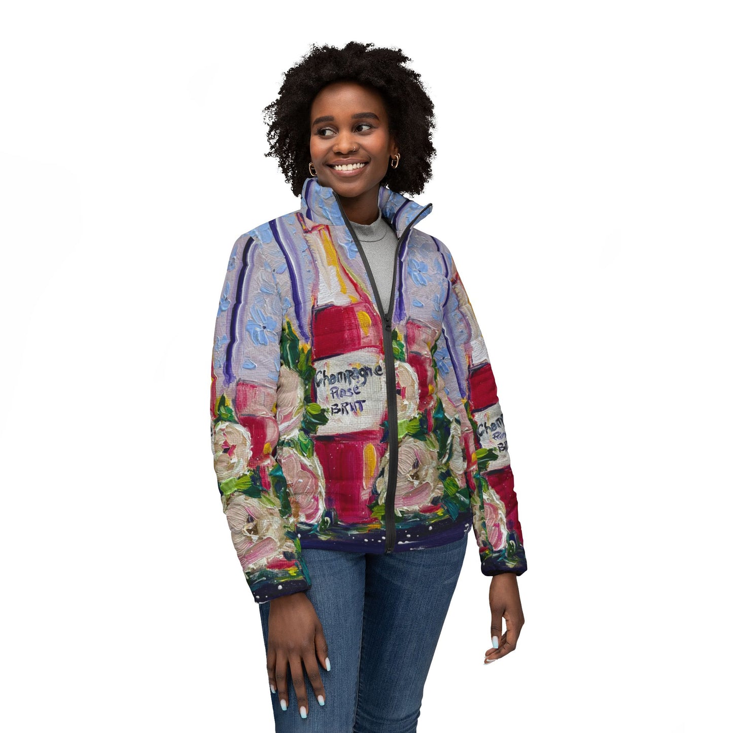 Women's Puffer Jacket - Roxy Rich Fine Art -Pink Champagne and Peonies