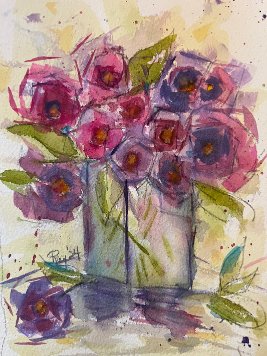 Fluffy Roses in a Small Vase Original Watercolor Painting 6x8