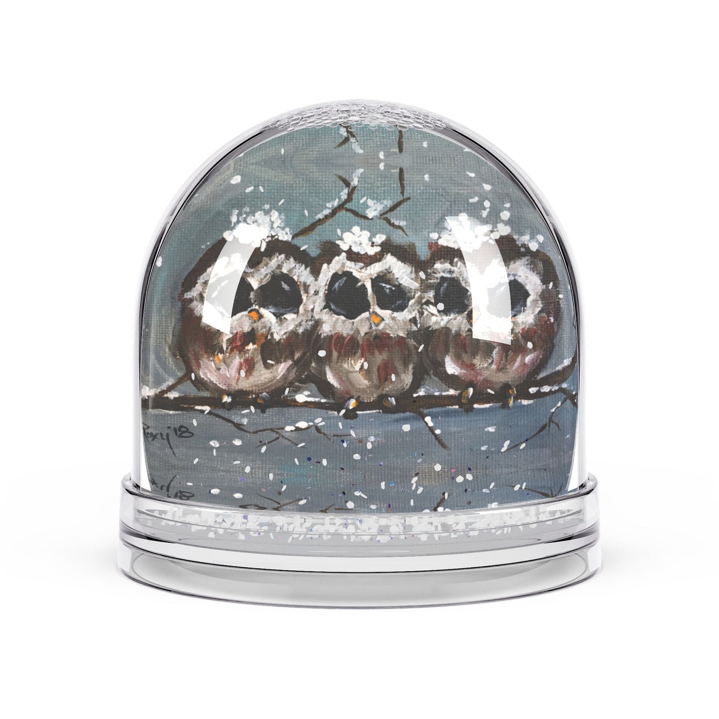 Snow Globe - Three Adorable Owl Chicks perched on a Snowy Branch