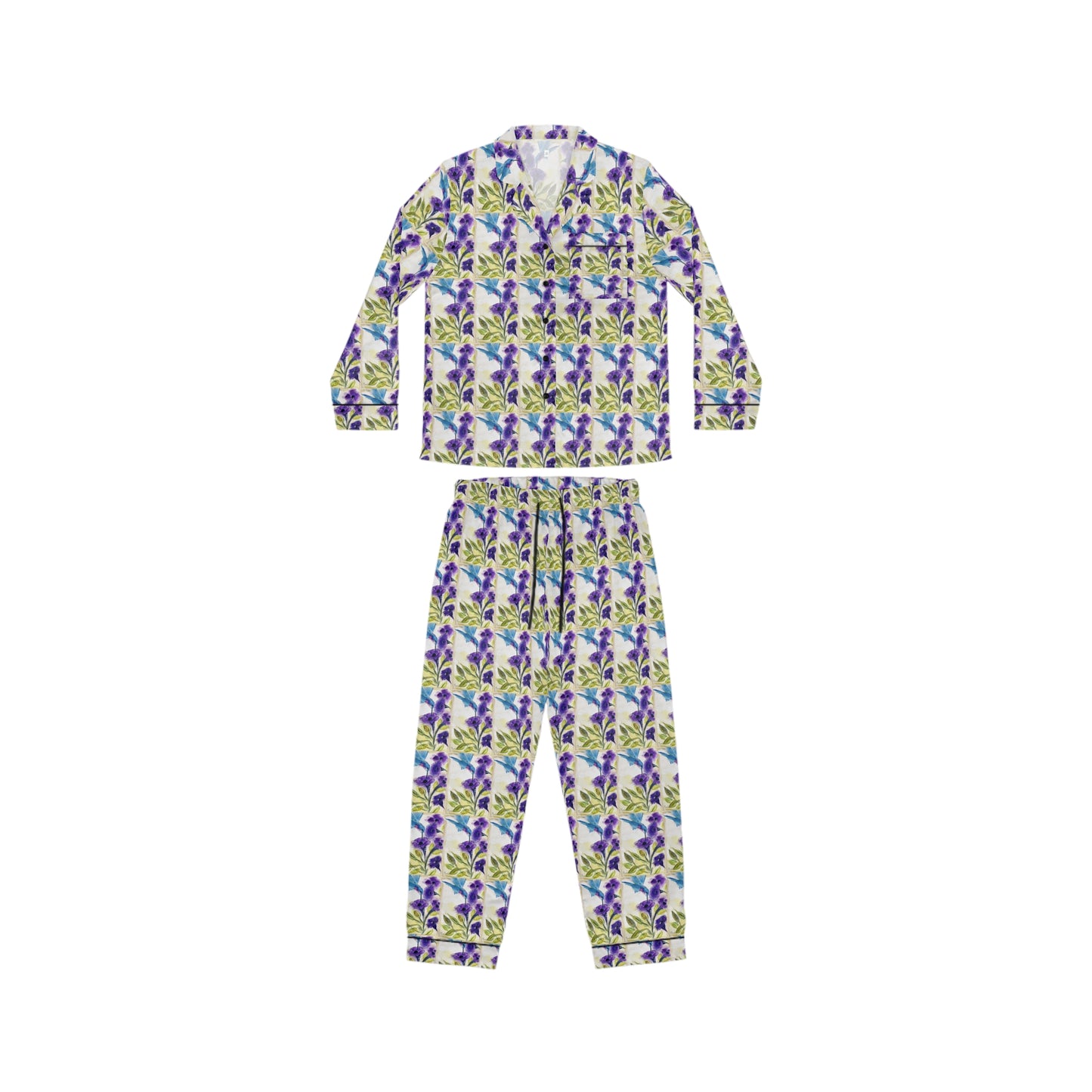 Satin Pajamas — Luxurious Silky Sleepwear Set- Hummingbird with Purple Flowers