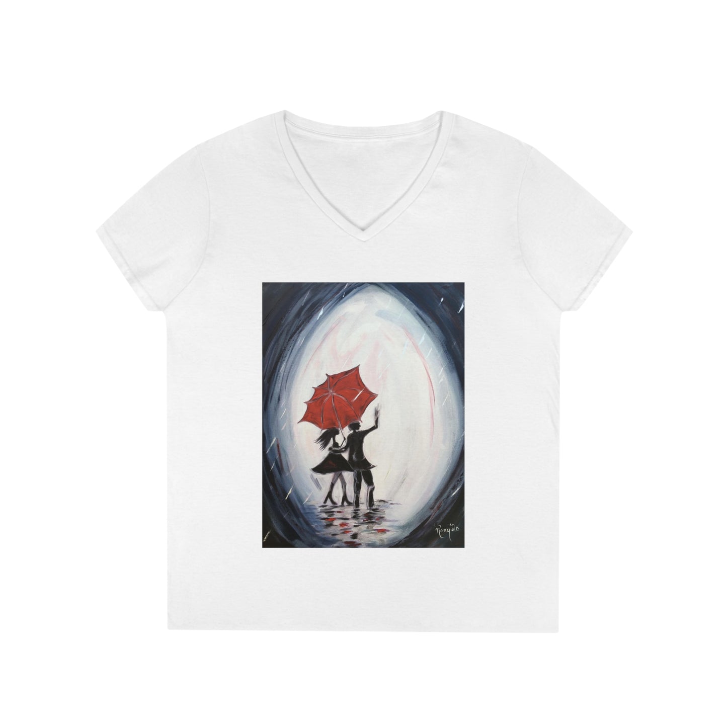 Romantic Couple in Paris "Walking in the Rain" Ladies' V-Neck T-Shirt