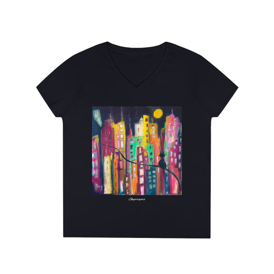 Camiseta con cuello en V para mujer Rascacielos Gato en un colorido paisaje urbano