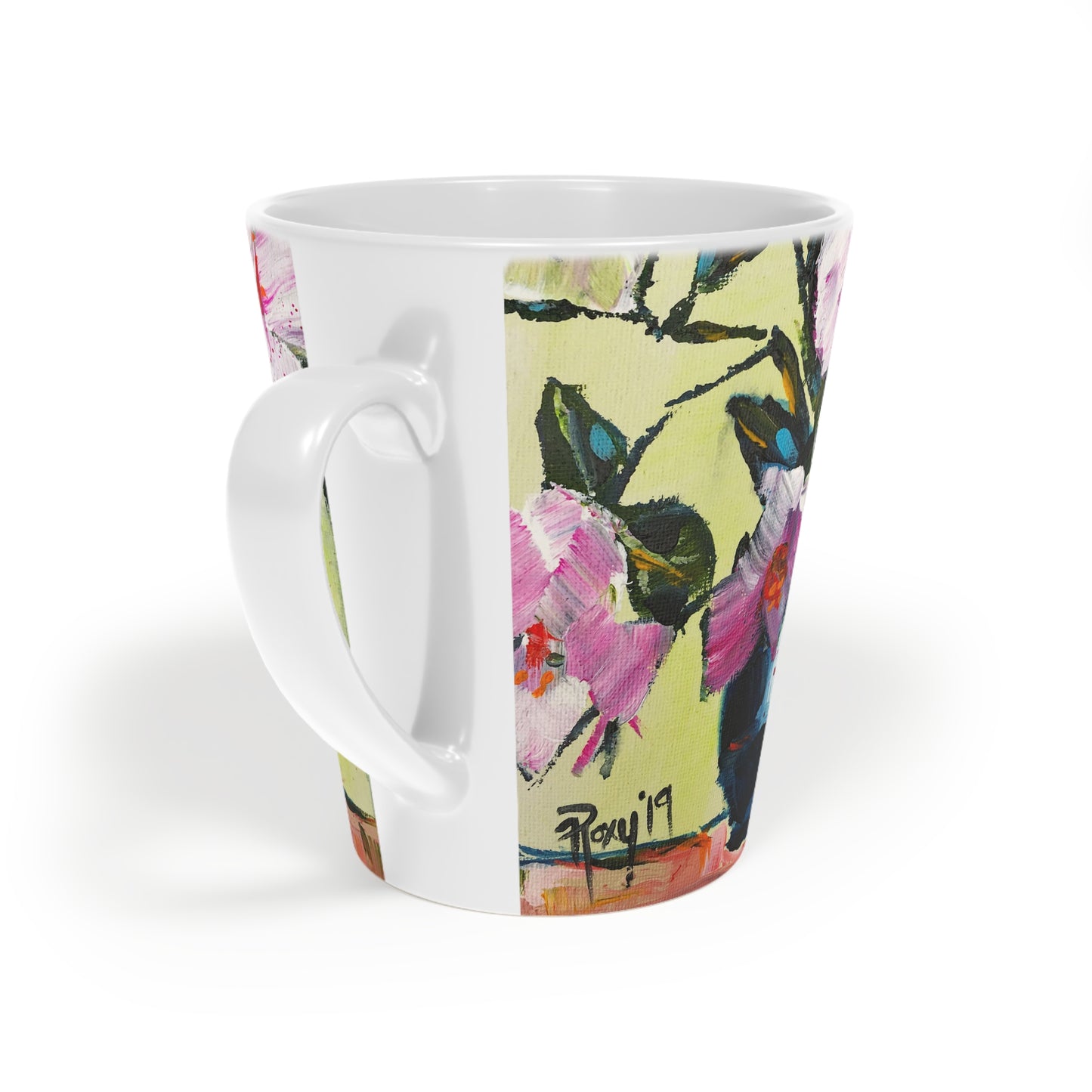 Pink Gardenias in a Blue Vase "Good Morning, Beautiful!" Latte Mug, 12oz