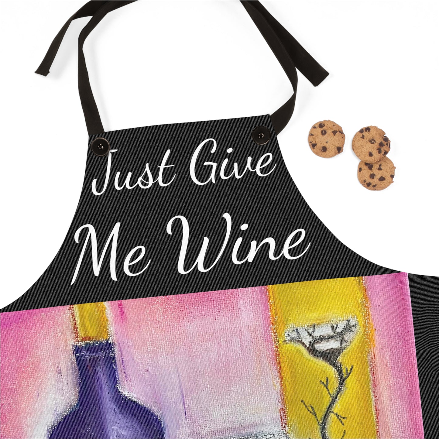 Just Give Me Wine Black Kitchen Apron  with GBV Wine  and Clique Glass