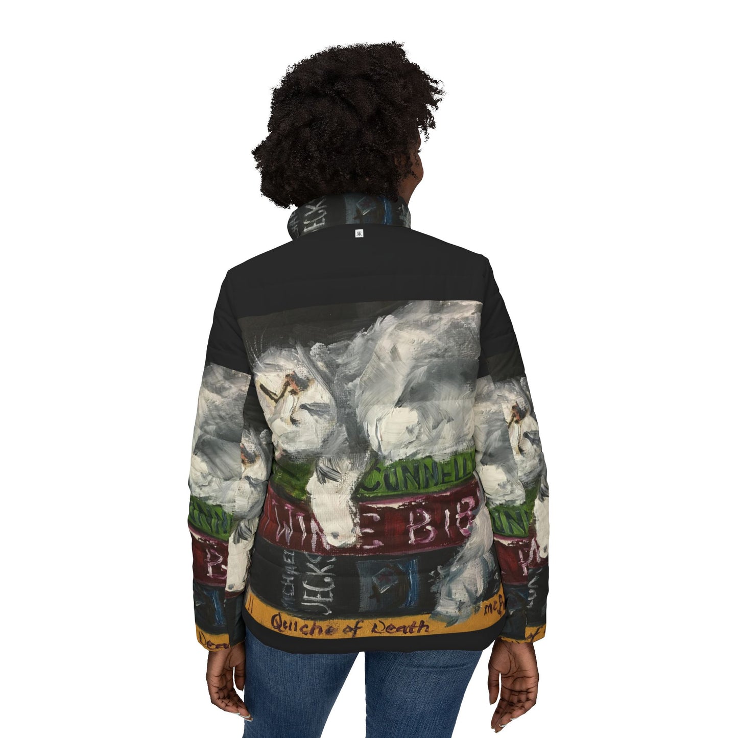 Women's Puffer Jacket - Roxy Rich Fine Art -Bibiliocat Cat Sleeping on Books