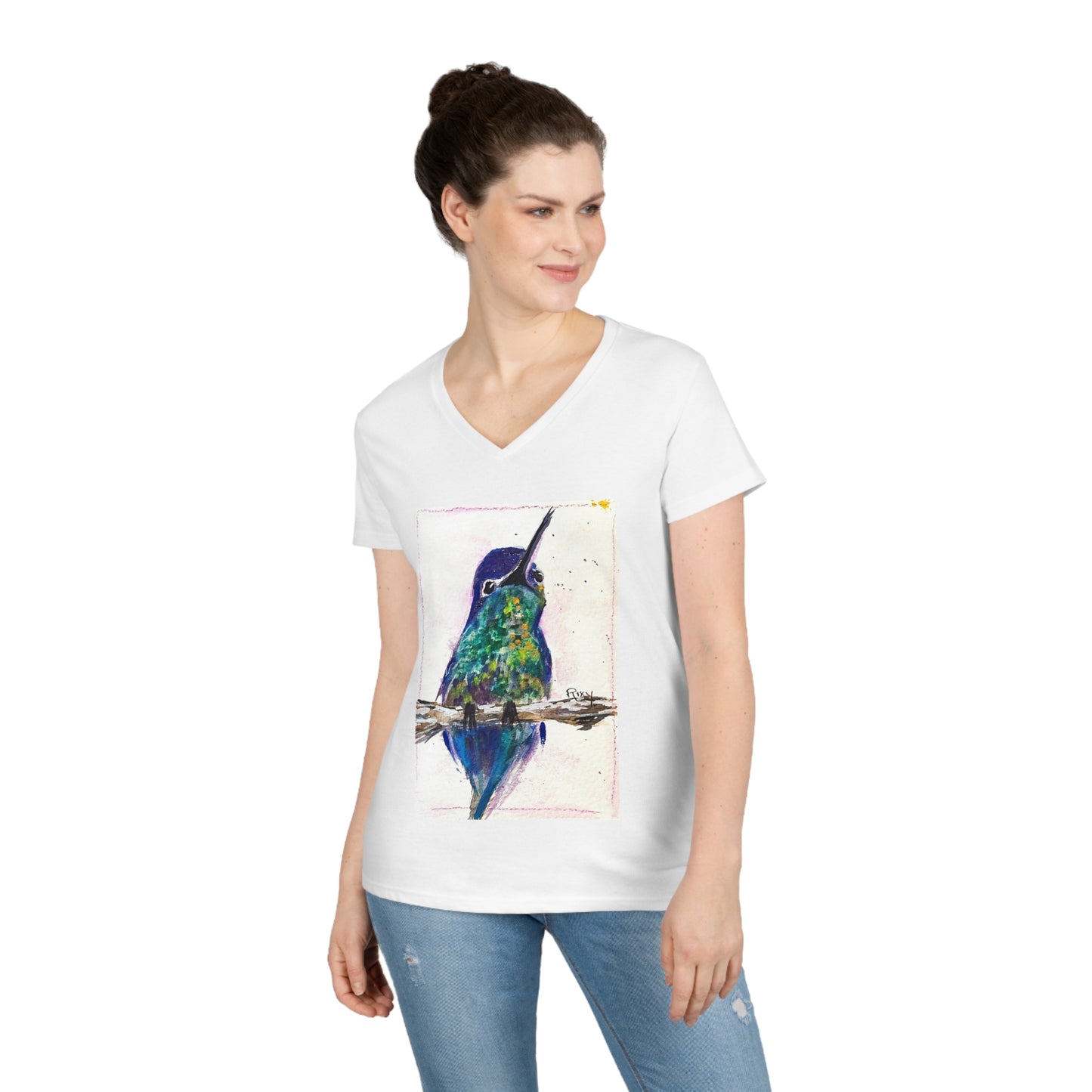 Adorable colibri à ventre chamois T-shirt col en V pour femme