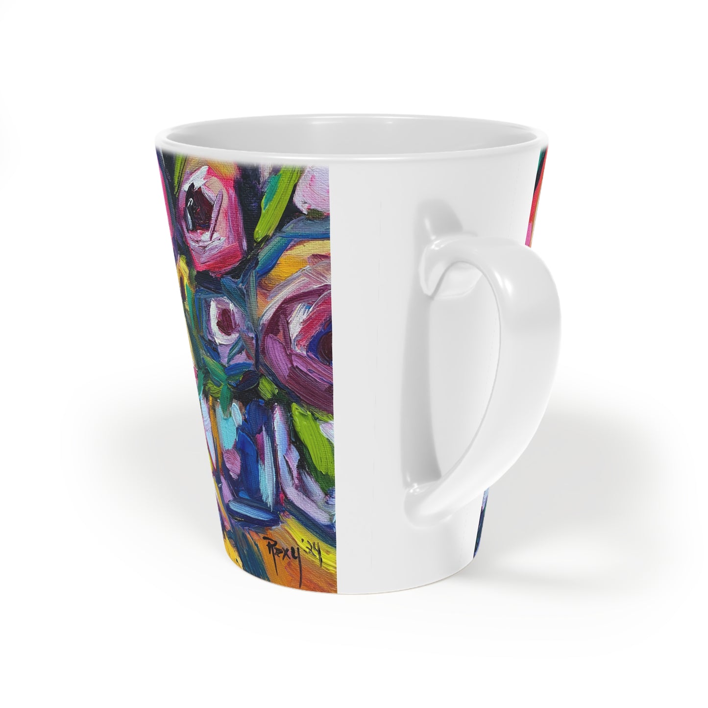 Abstract Roses and Yellow Tit Bird "Good Morning!" Latte Mug, 12oz