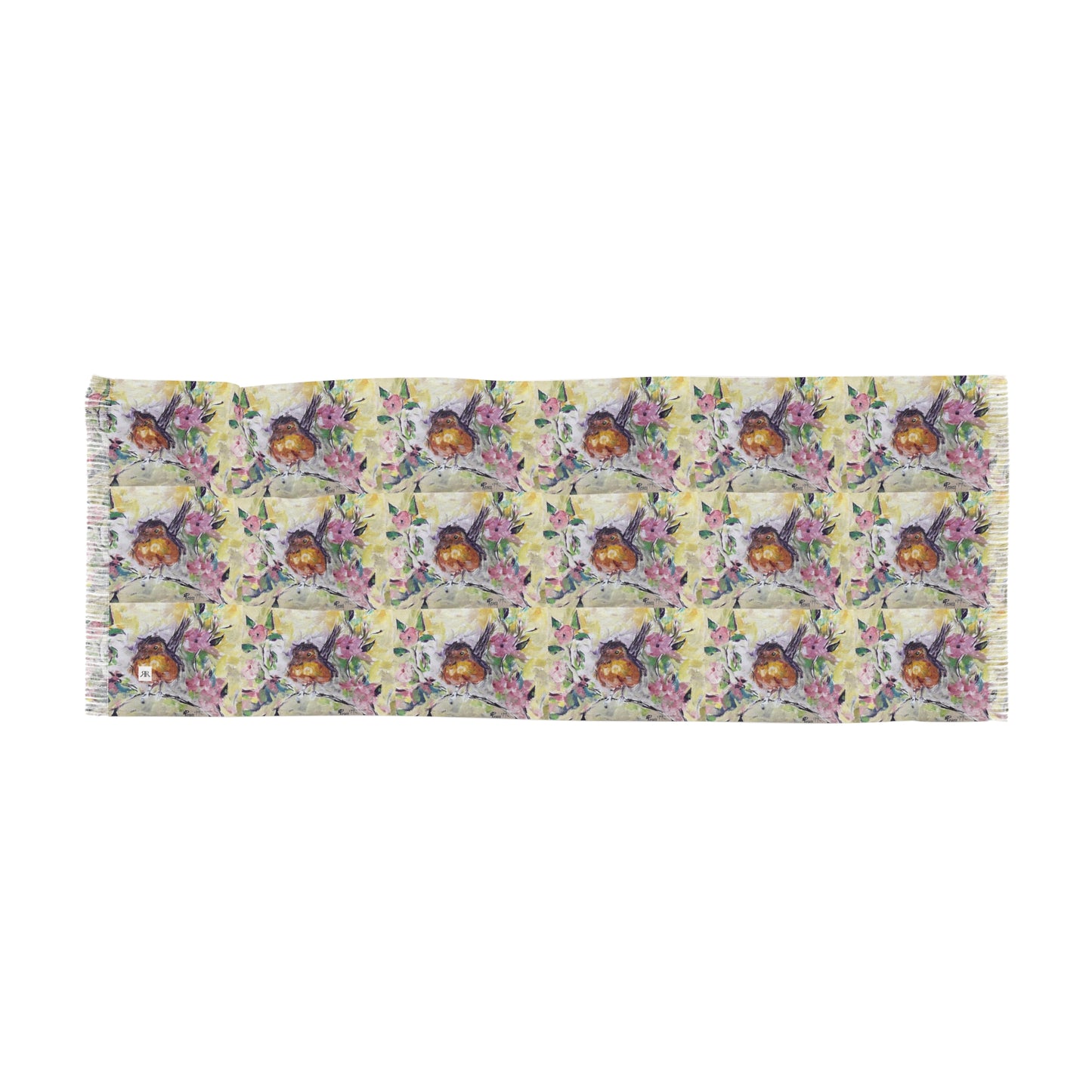 Colorful Scarf — Artistic Lightweight Neck Wrap- Abstract Robin in Cherry Blossoms
