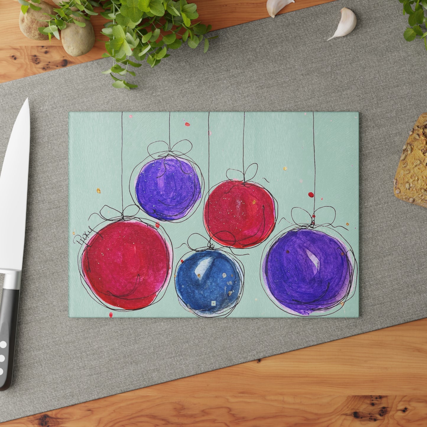 Planche à découper en verre Boules de Noël colorées 2