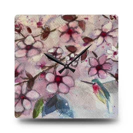Reloj de pared acrílico colibrí en flores de cerezo 