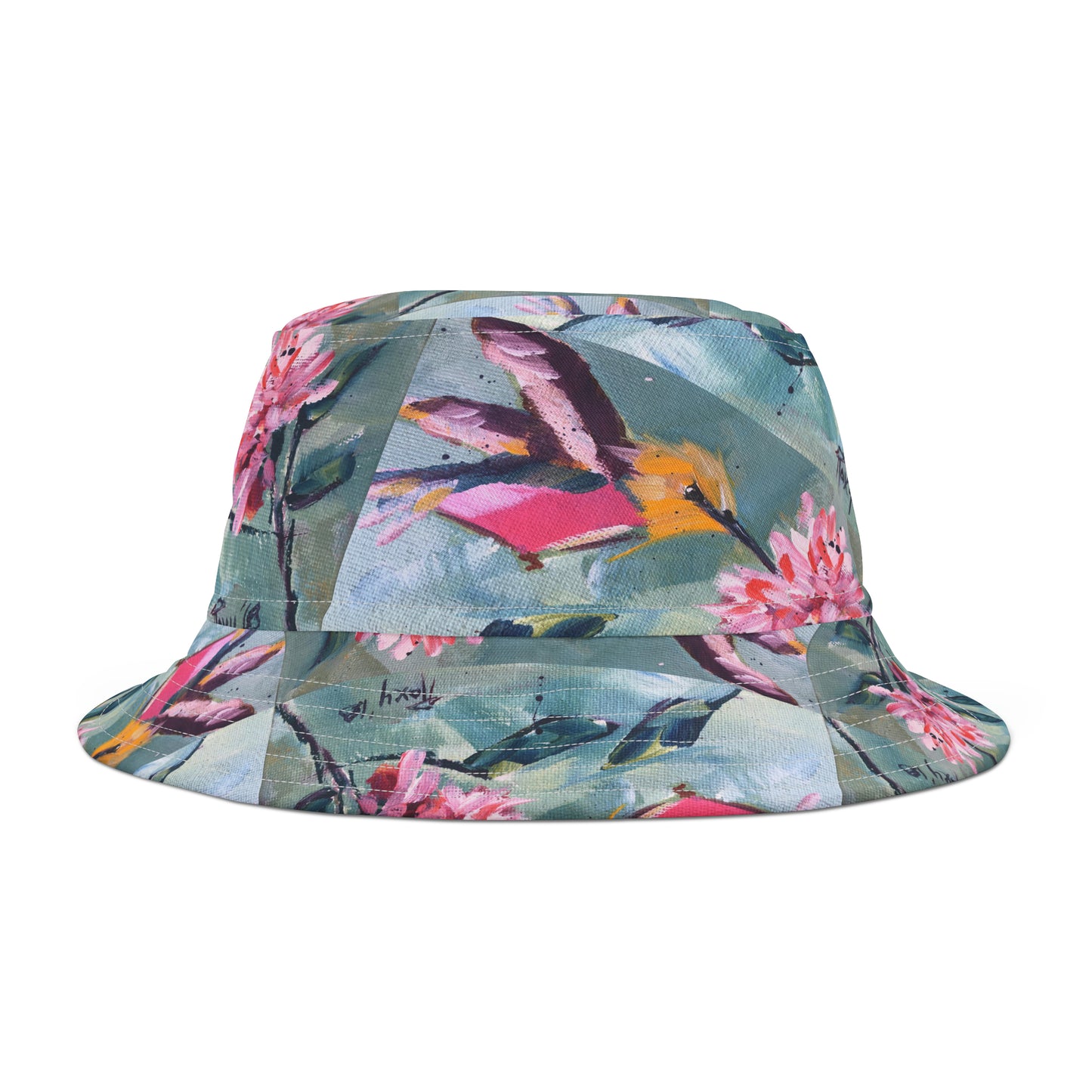 Sombrero de cubo con flor rosa y colibrí rosa