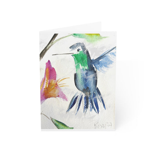 Floaty Blue Hummingbird Happy Mother's Day (with sentiment) Folded Greeting Cards