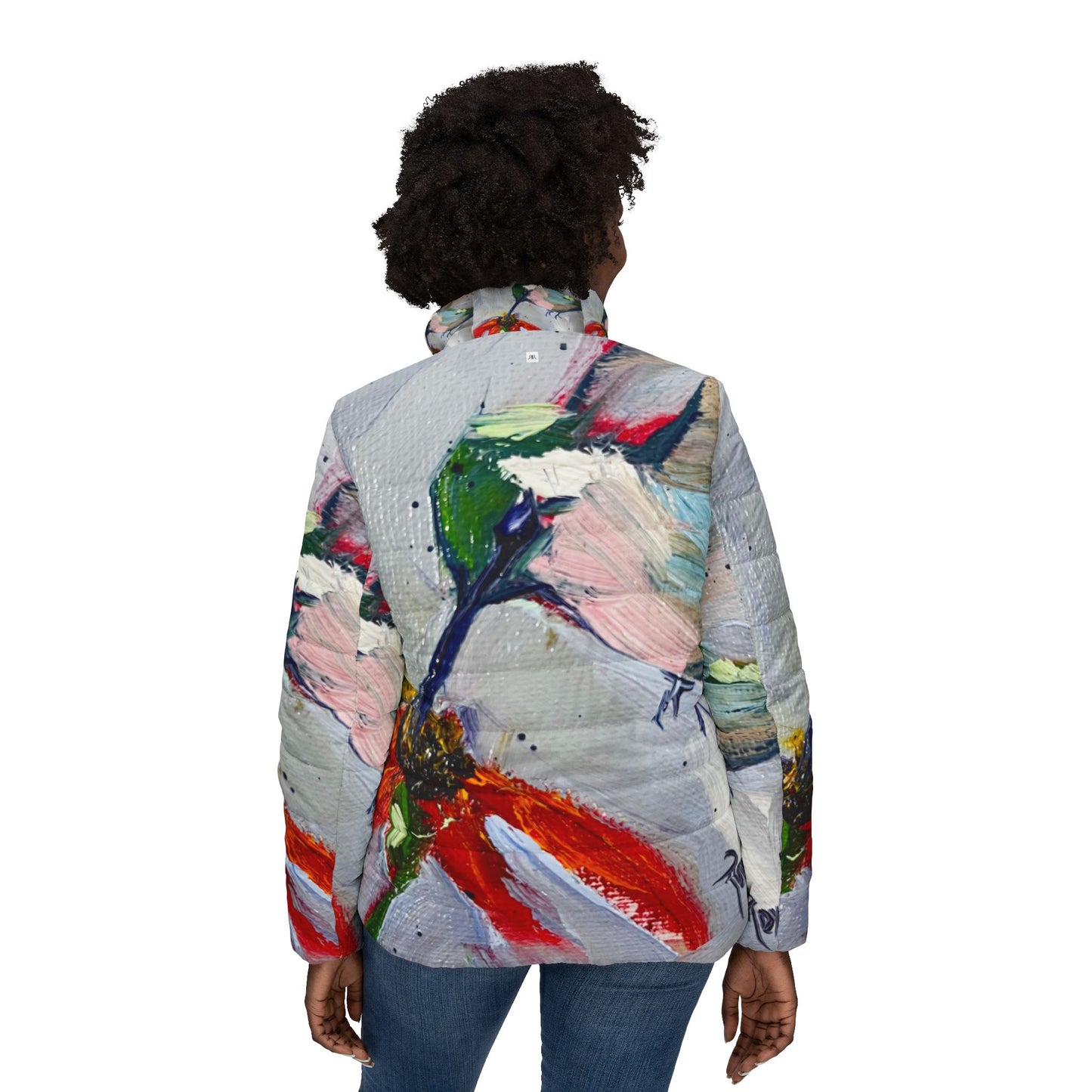 Women's Puffer Jacket - Roxy Rich Fine Art Design-Hummingbird at a Coneflower