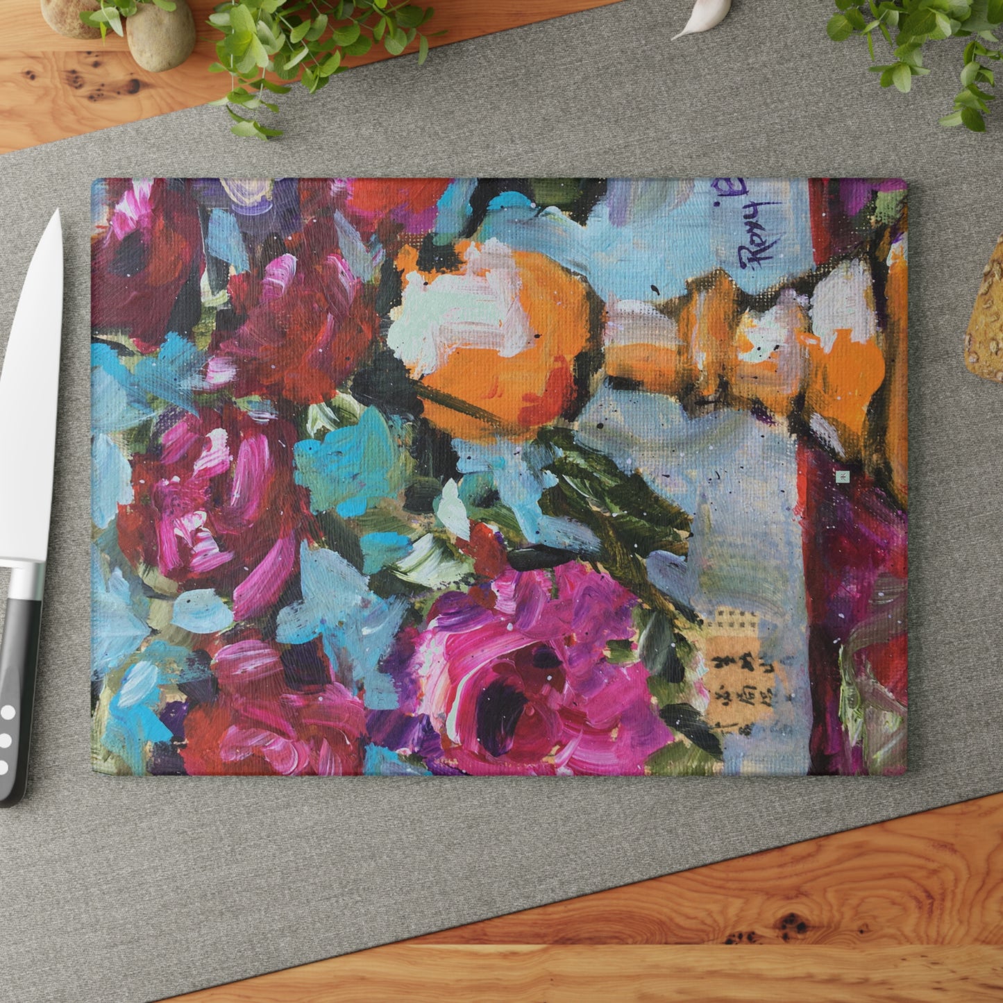 Pink Roses in an Orange Goblet Glass Cutting Board