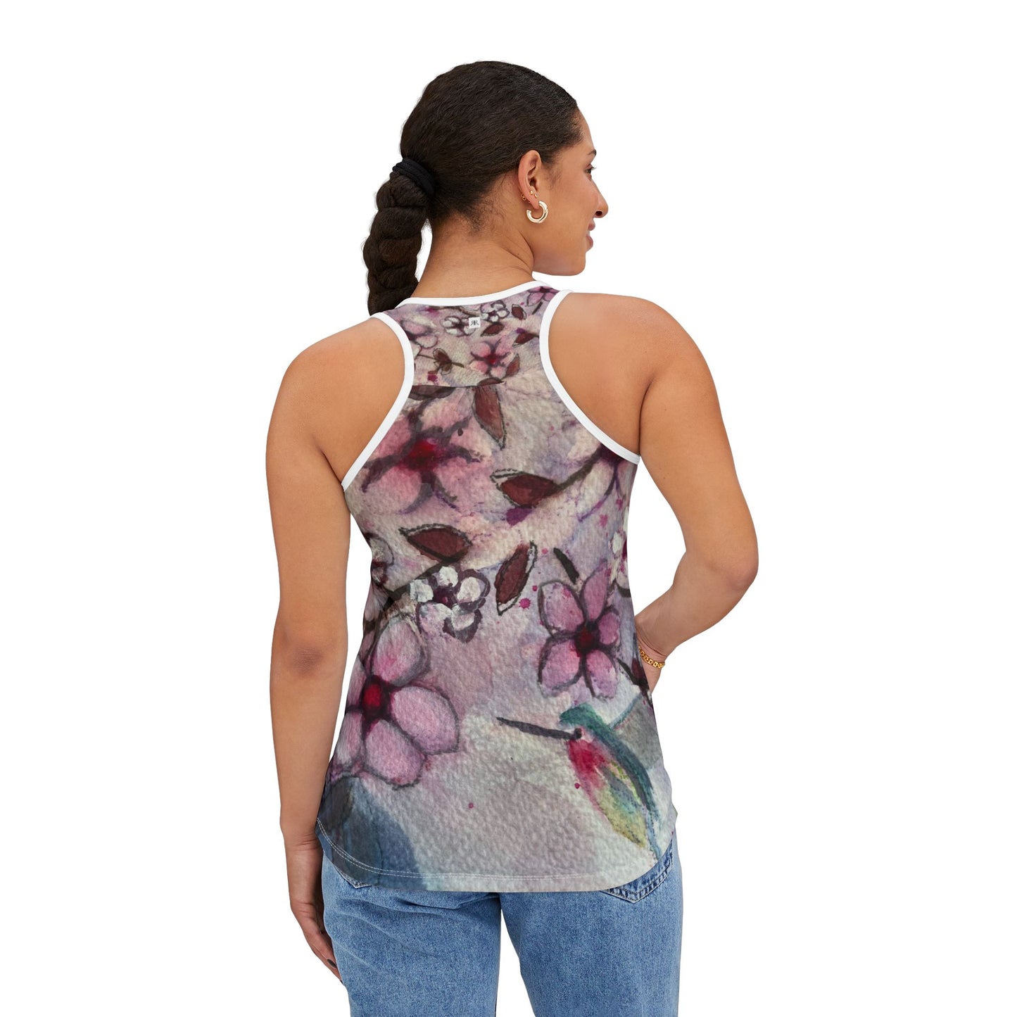 Women's Racerback Tank Top-Hummingbird in Cherry Blossoms